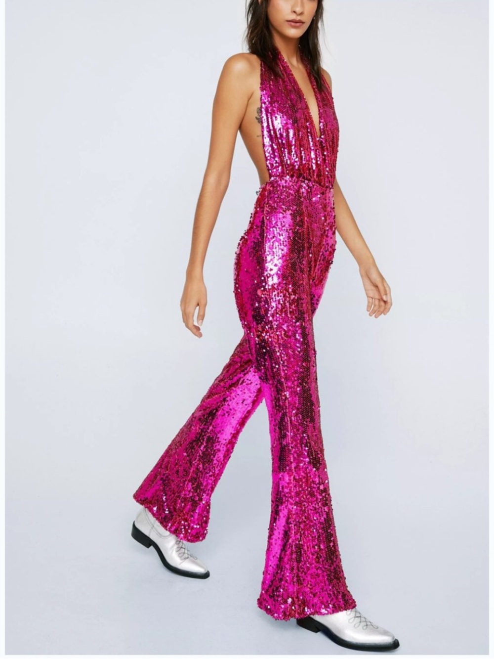 New pink nasty gal halter neck flared sequin jumpsuit 10 - Picture 2 of 6